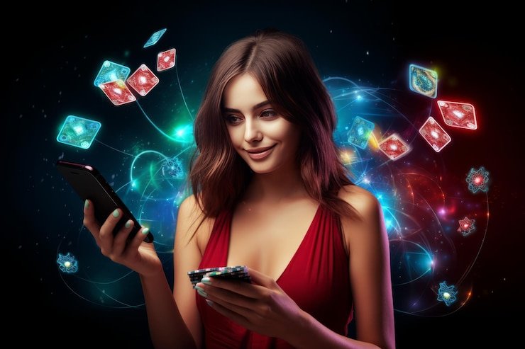 Mesin slot digital berwarna cerah dengan berbagai simbol khas yang menarik perhatian pemain