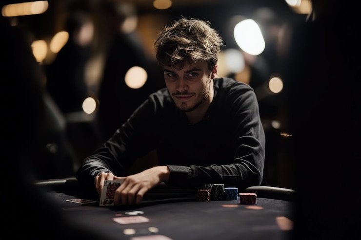 Meja permainan casino dengan kartu dan chip dalam suasana yang elegan dan tenang